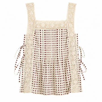 Cream Crochet-Lace Sleeveless Top with Maroon Checkered Motif