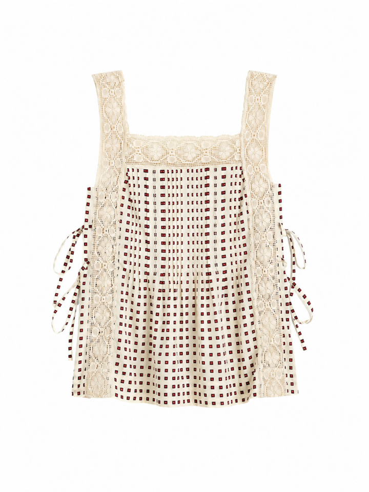 Cream Crochet-Lace Sleeveless Top with Maroon Checkered Motif