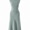 Sage Green Sleeveless Mock Neck Midi Dress with Ruched Details