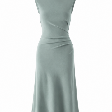 Sage Green Sleeveless Mock Neck Midi Dress with Ruched Details