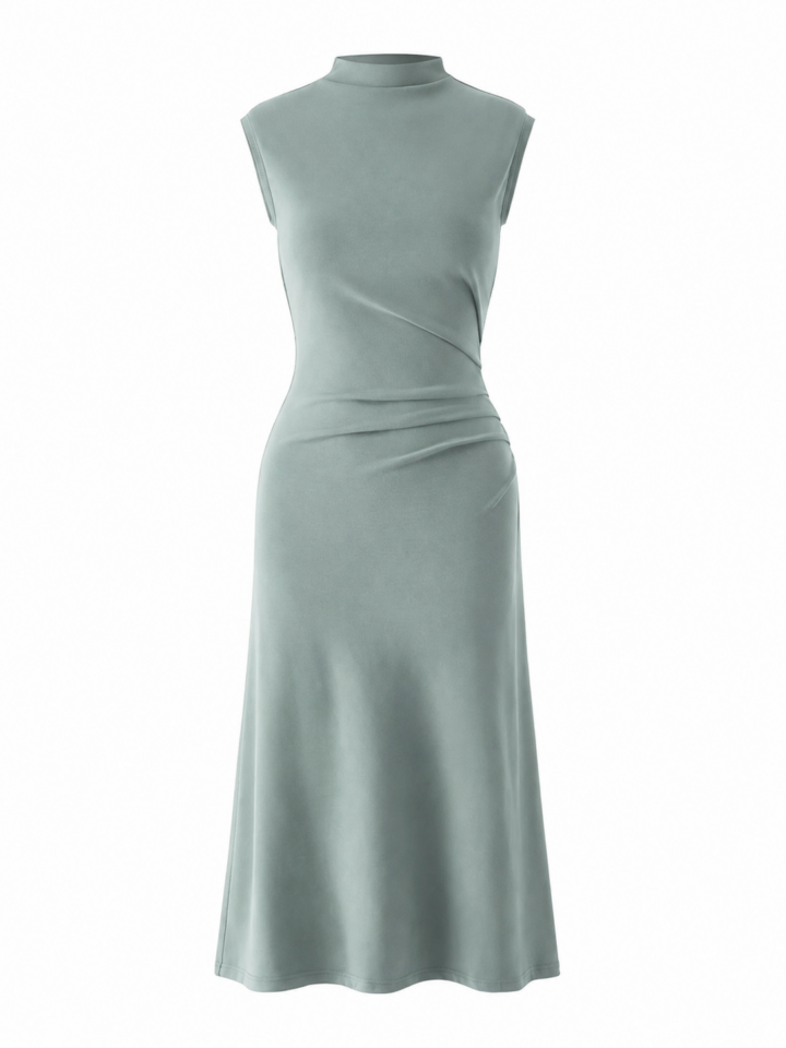 Sage Green Sleeveless Mock Neck Midi Dress with Ruched Details