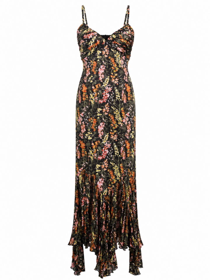 Floral Print V-Neck Midi Dress with Ruffle Hem and Tiered Skirt