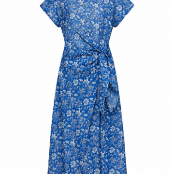 Blue Floral Print Midi Shirt Dress with Collar and Side Tie