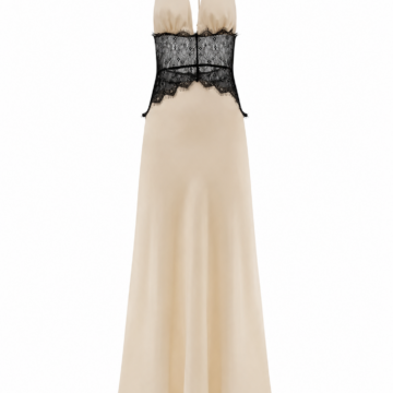 Champagne Halter Corset Maxi Dress with Lace Panel