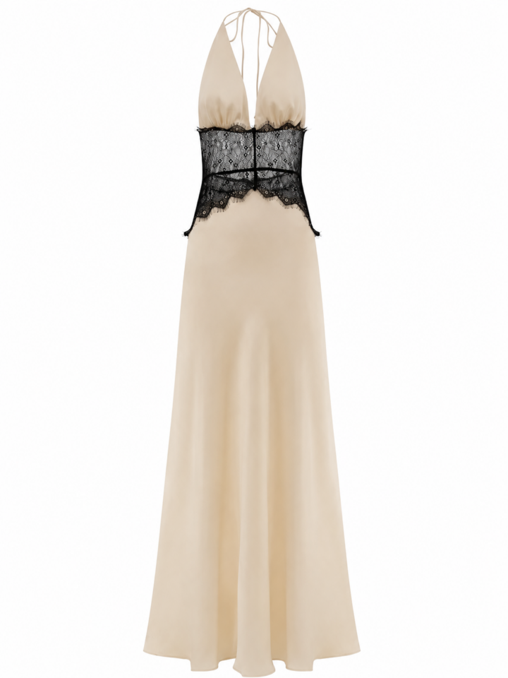 Champagne Halter Corset Maxi Dress with Lace Panel