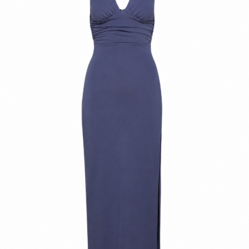 Dark Blue Sleeveless Ruched Maxi Dress with Slit