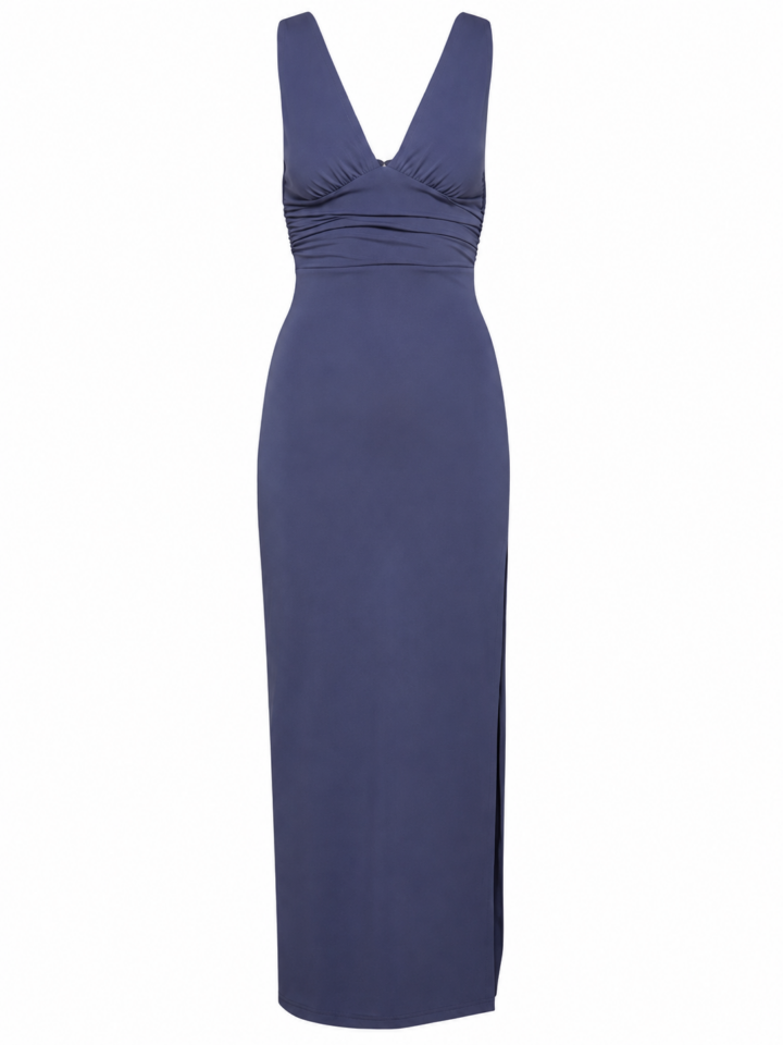 Dark Blue Sleeveless Ruched Maxi Dress with Slit