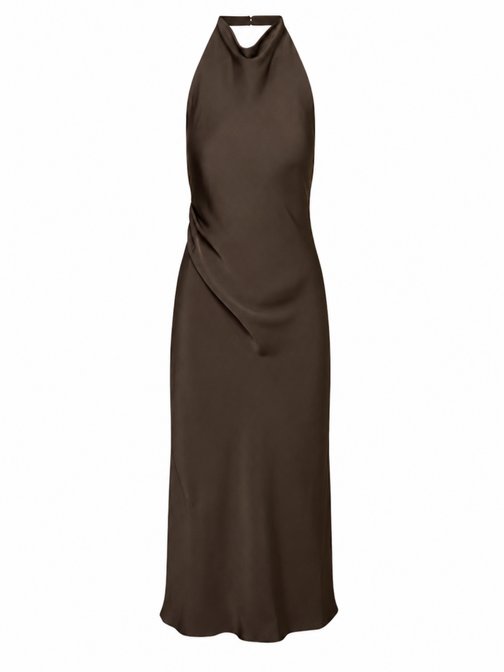 Dark Brown Halter Maxi Dress with Draped Bodice