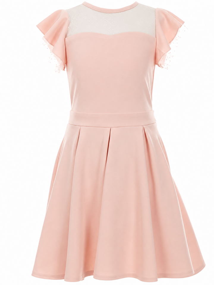 Light Pink Fit and Flare Dress with Pearl Beaded Flutter Sleeves
