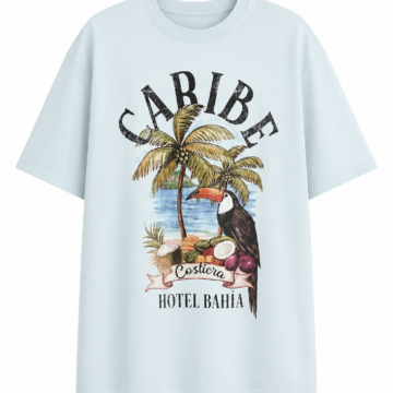 Light Blue Tropical Graphic Crewneck T-Shirt with Caribe Print