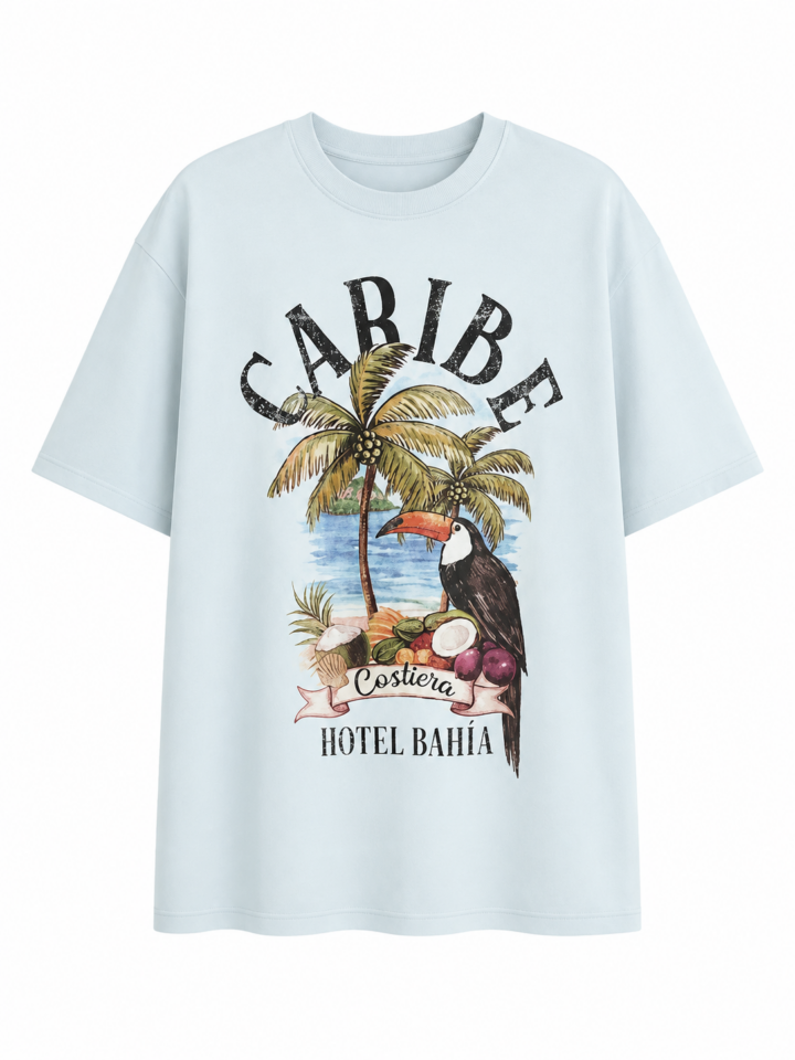 Light Blue Tropical Graphic Crewneck T-Shirt with Caribe Print