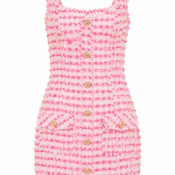 Pink and White Tweed Sleeveless Mini Dress with Button Front