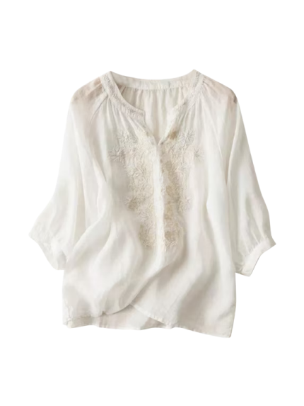 White Floral Embroidered Peasant Blouse
