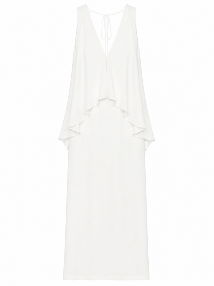 White Sleeveless Maxi Dress with Plunging V-Neck and Draped Overlay
